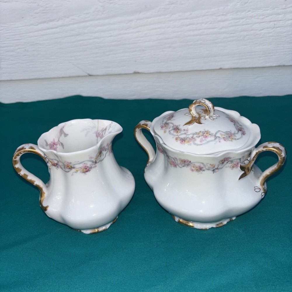 Antique Haviland & Co R. Briggs Co Limoges France Creamer (Cracked) & Sugar Dish - Picture 1 of 8